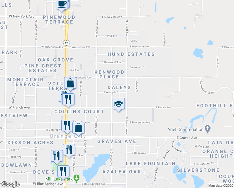 map of restaurants, bars, coffee shops, grocery stores, and more near 585 North Pine Avenue in Orange City