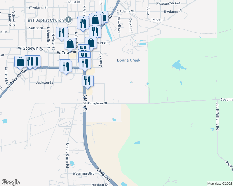 map of restaurants, bars, coffee shops, grocery stores, and more near 421 Coughran Street in Pleasanton