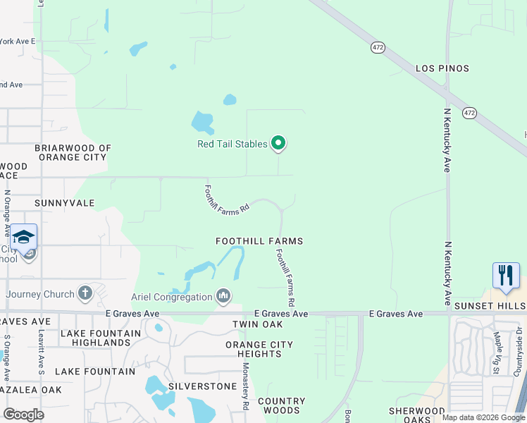 map of restaurants, bars, coffee shops, grocery stores, and more near 501 Foothill Farms Road in Orange City