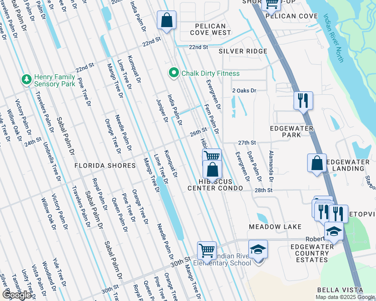map of restaurants, bars, coffee shops, grocery stores, and more near 2615 India Palm Drive in Edgewater