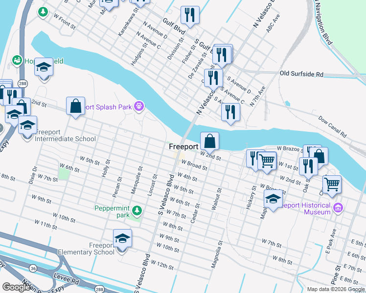 map of restaurants, bars, coffee shops, grocery stores, and more near 926 West 6th Street in Freeport
