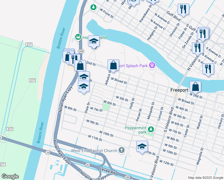 map of restaurants, bars, coffee shops, grocery stores, and more near 1611 West 8th Street in Freeport