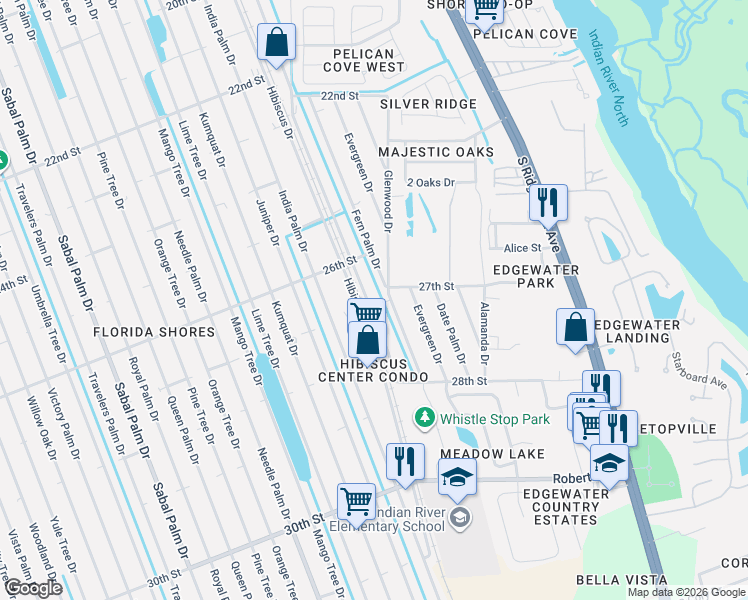 map of restaurants, bars, coffee shops, grocery stores, and more near 2631 Guava Drive in Edgewater