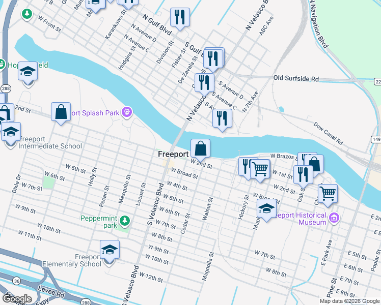 map of restaurants, bars, coffee shops, grocery stores, and more near 1000 West Brazos Street in Freeport