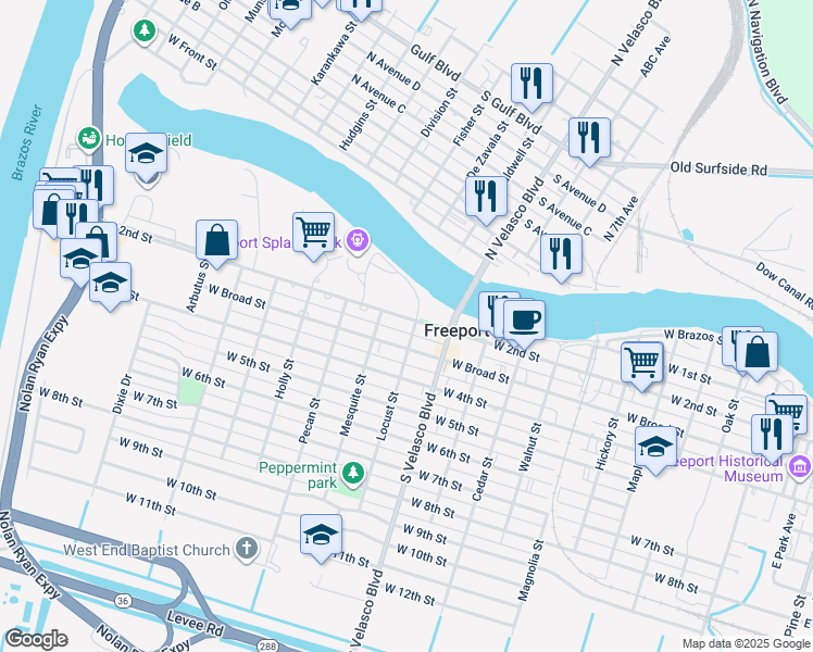 map of restaurants, bars, coffee shops, grocery stores, and more near 1130 West 2nd Street in Freeport
