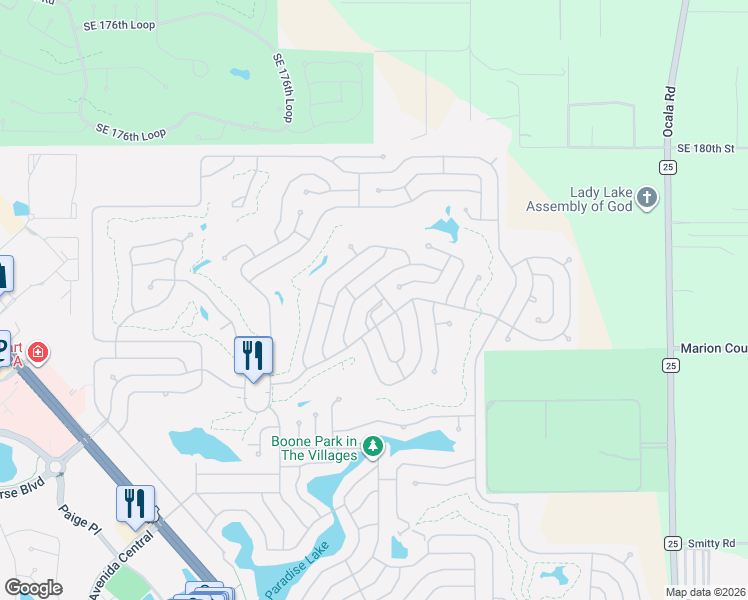 map of restaurants, bars, coffee shops, grocery stores, and more near 1623 Pebble Beach Lane in Lady Lake