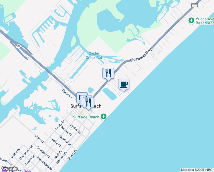 map of restaurants, bars, coffee shops, grocery stores, and more near 246 Bluewater Highway in Freeport