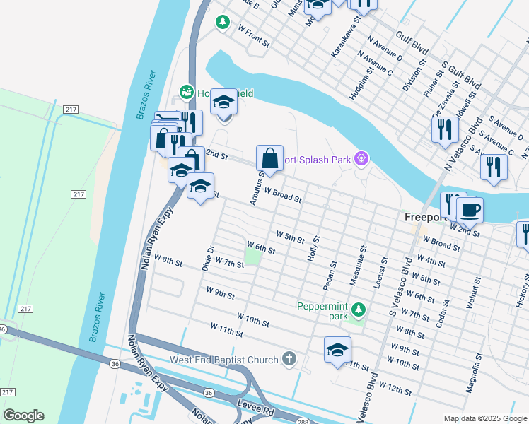 map of restaurants, bars, coffee shops, grocery stores, and more near 1611 West 8th Street in Freeport