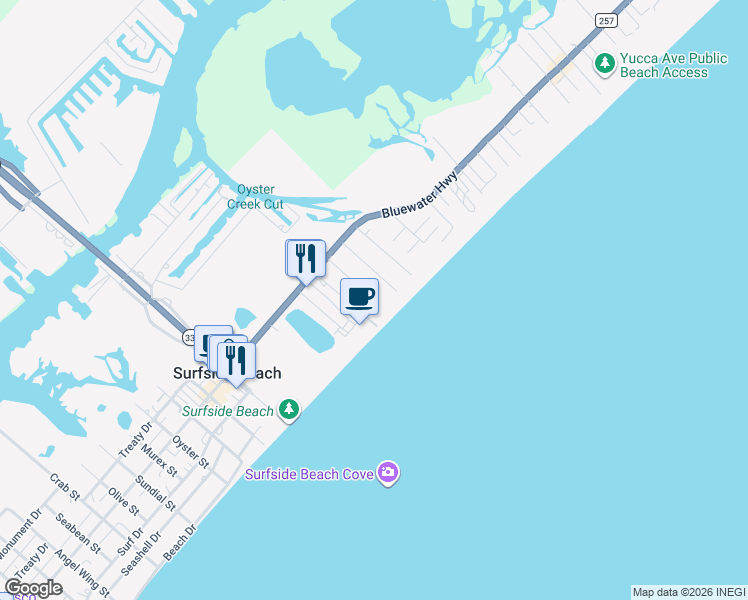 map of restaurants, bars, coffee shops, grocery stores, and more near 131 Driftwood Court in Surfside Beach