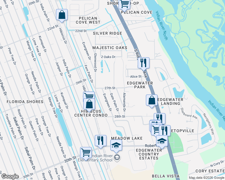 map of restaurants, bars, coffee shops, grocery stores, and more near 2709 Date Palm Drive in Edgewater