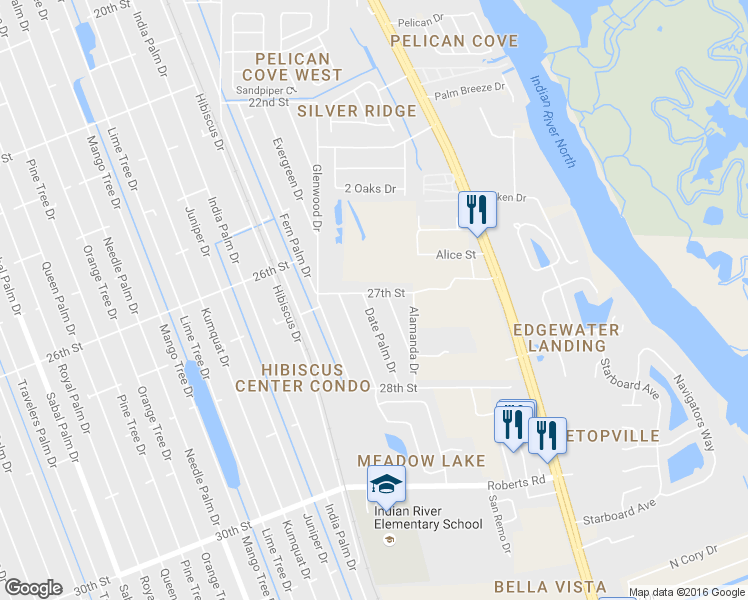 map of restaurants, bars, coffee shops, grocery stores, and more near 2709 Date Palm Drive in Edgewater