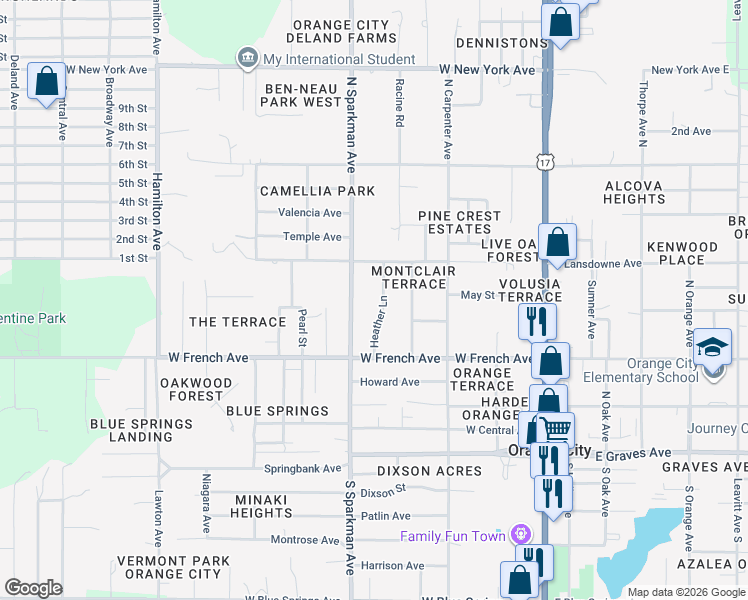 map of restaurants, bars, coffee shops, grocery stores, and more near 609 Heather Ln in Orange City