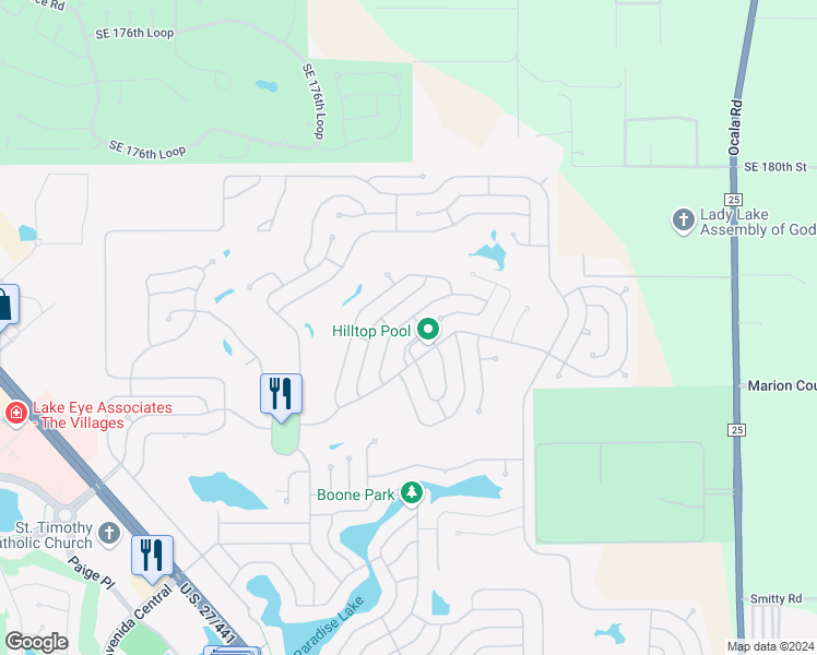 map of restaurants, bars, coffee shops, grocery stores, and more near 1623 Pebble Beach Lane in Lady Lake