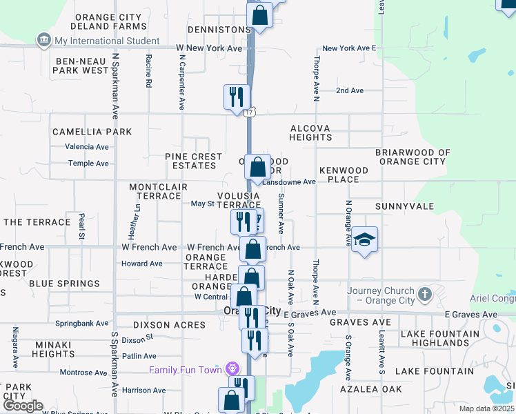map of restaurants, bars, coffee shops, grocery stores, and more near 604 North Volusia Avenue in Orange City