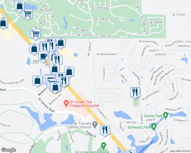 map of restaurants, bars, coffee shops, grocery stores, and more near 1626 West Schwartz Boulevard in Lady Lake