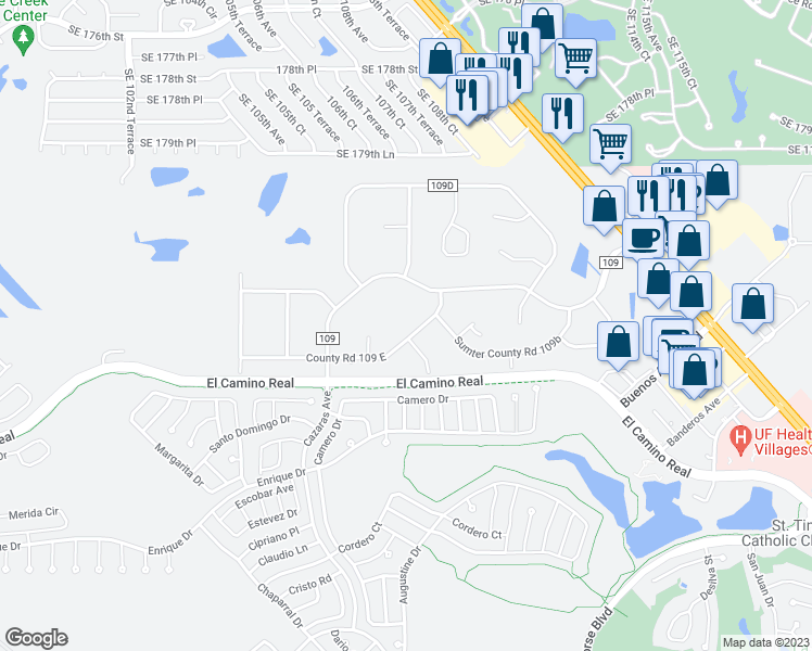 map of restaurants, bars, coffee shops, grocery stores, and more near 7946 County Road 109 East in Lady Lake