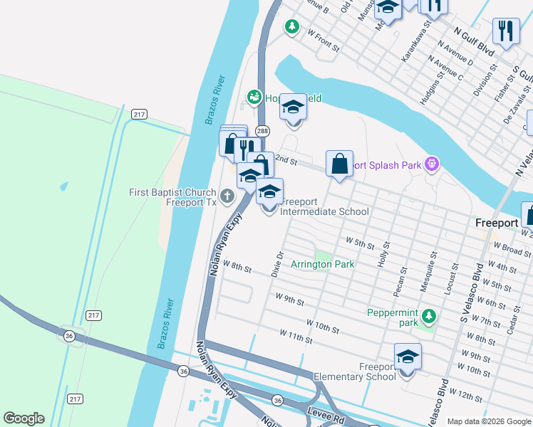 map of restaurants, bars, coffee shops, grocery stores, and more near 1815 West 4th Street in Freeport