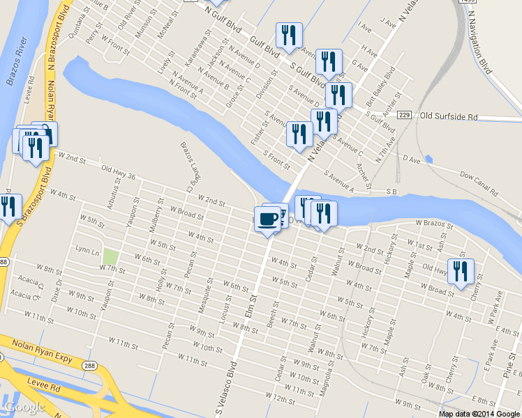 map of restaurants, bars, coffee shops, grocery stores, and more near 1130 W 2nd St in Freeport