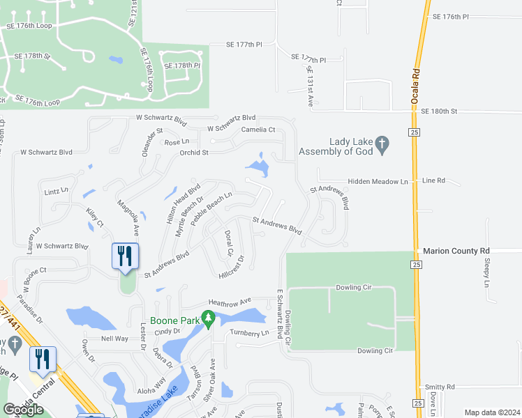 map of restaurants, bars, coffee shops, grocery stores, and more near 1606 Cypress Point in Lady Lake