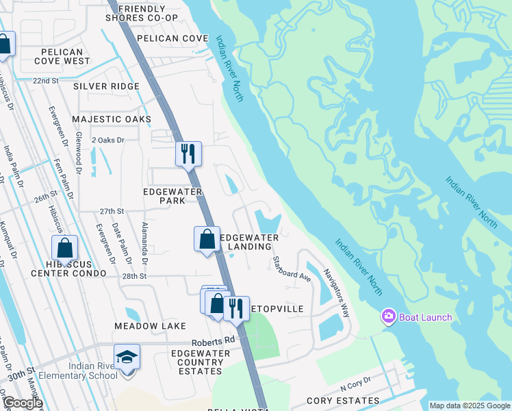 map of restaurants, bars, coffee shops, grocery stores, and more near 313 Portside Lane in Edgewater