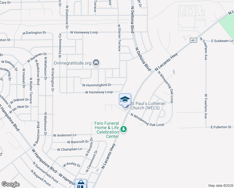 map of restaurants, bars, coffee shops, grocery stores, and more near 883 West Homeway Loop in Citrus Springs