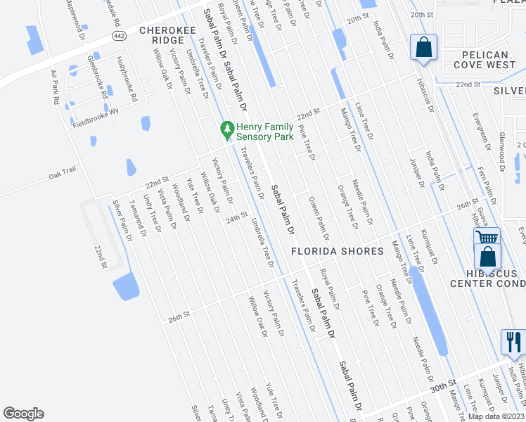 map of restaurants, bars, coffee shops, grocery stores, and more near 2404 Travelers Palm Drive in Edgewater