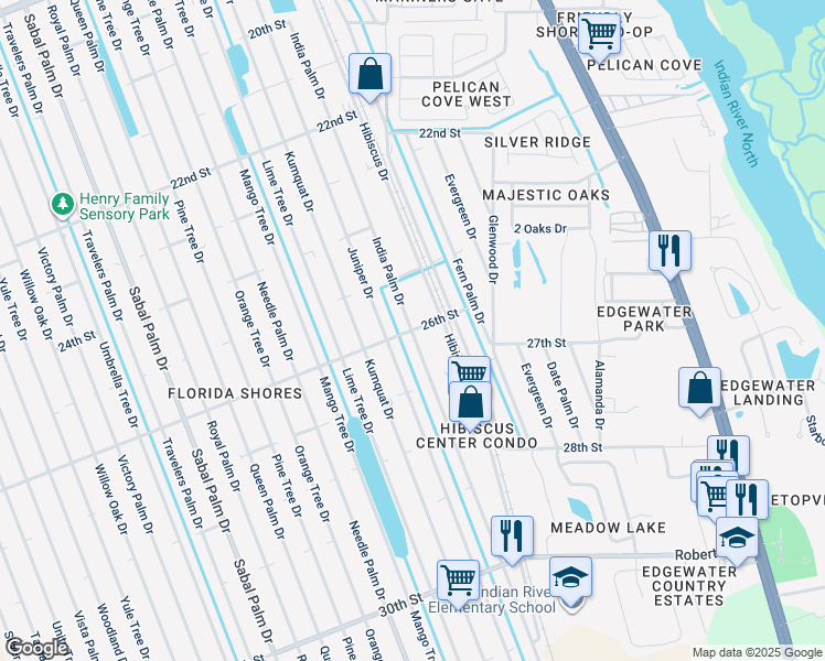 map of restaurants, bars, coffee shops, grocery stores, and more near India Palm Drive in Edgewater