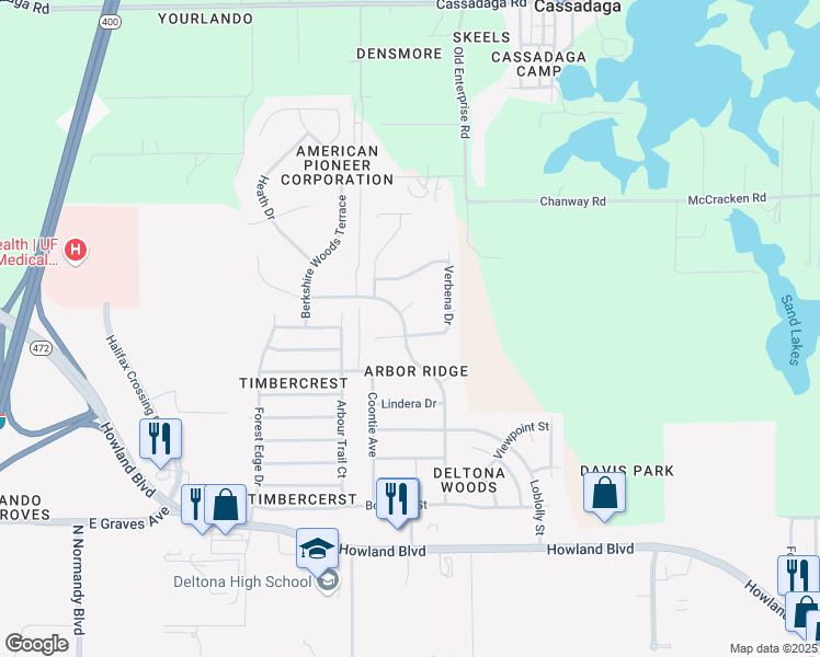 map of restaurants, bars, coffee shops, grocery stores, and more near 3156 Verbena Drive in Deltona