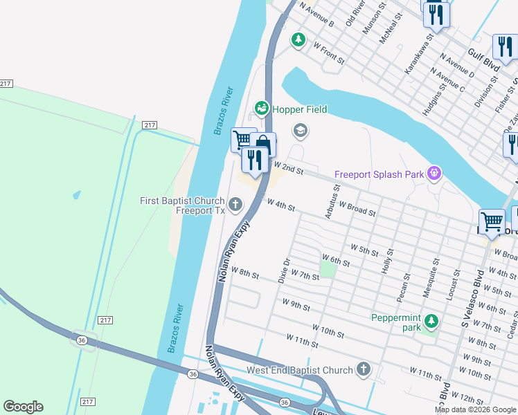 map of restaurants, bars, coffee shops, grocery stores, and more near 1815 West 4th Street in Freeport