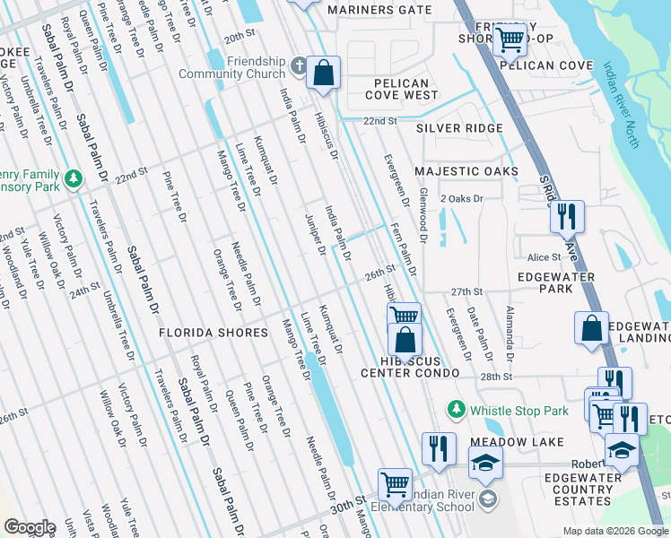 map of restaurants, bars, coffee shops, grocery stores, and more near 2519 Juniper Drive in Edgewater