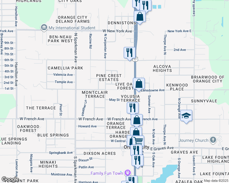map of restaurants, bars, coffee shops, grocery stores, and more near 364 West Lansdowne Avenue in Orange City
