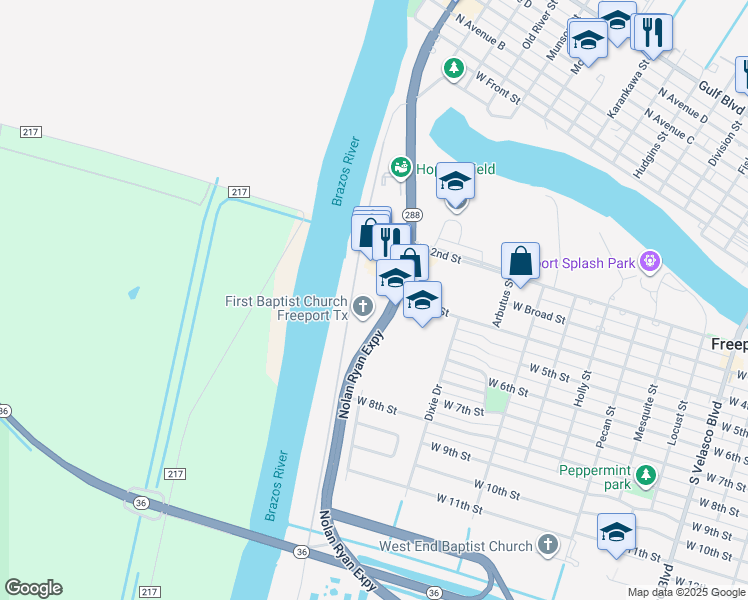map of restaurants, bars, coffee shops, grocery stores, and more near 401 South Brazosport Boulevard in Freeport