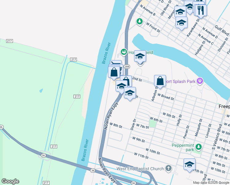 map of restaurants, bars, coffee shops, grocery stores, and more near 401 South Brazosport Boulevard in Freeport