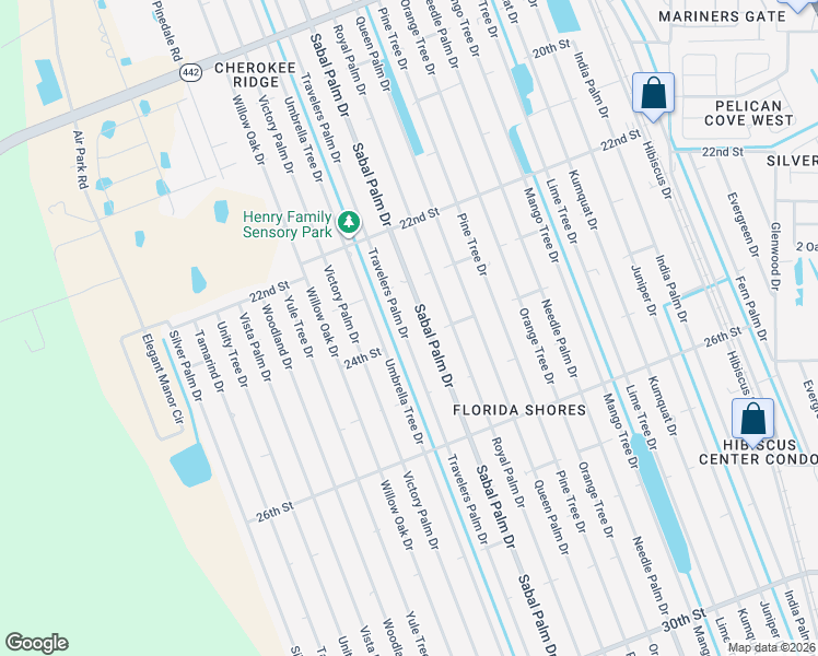 map of restaurants, bars, coffee shops, grocery stores, and more near 2327 Travelers Palm Drive in Edgewater
