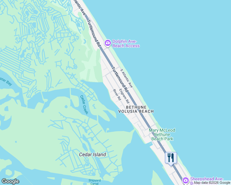 map of restaurants, bars, coffee shops, grocery stores, and more near 6389 River Road in New Smyrna Beach