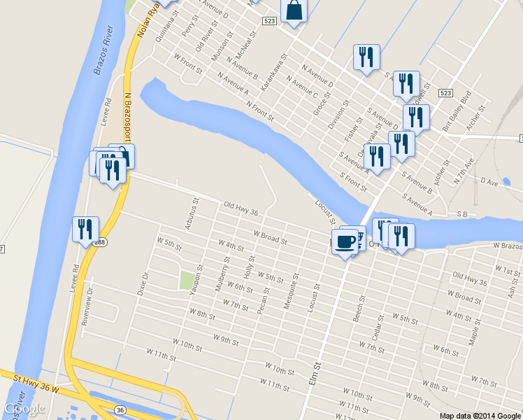 map of restaurants, bars, coffee shops, grocery stores, and more near 134 Brazos Landing Court in Freeport