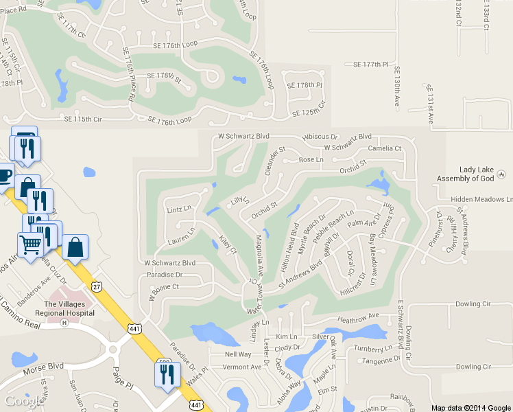 map of restaurants, bars, coffee shops, grocery stores, and more near 1713 Magnolia Avenue in Lady Lake