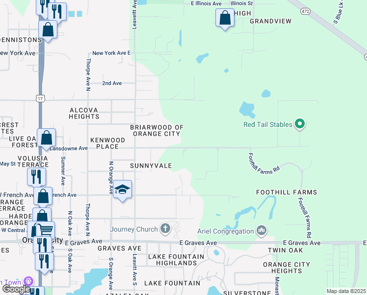 map of restaurants, bars, coffee shops, grocery stores, and more near 901 East Lansdowne Avenue in Orange City