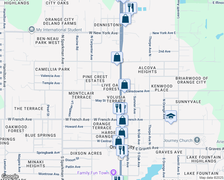 map of restaurants, bars, coffee shops, grocery stores, and more near 140 Forest Lane in Orange City