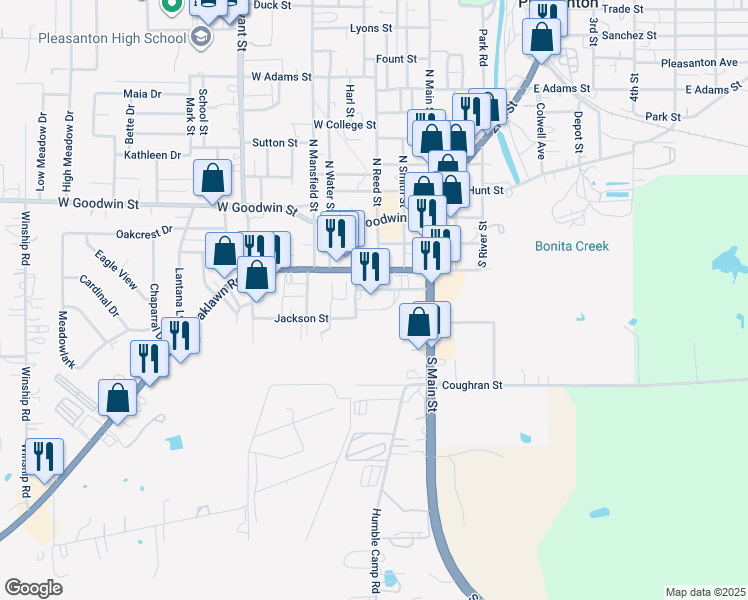 map of restaurants, bars, coffee shops, grocery stores, and more near 219 West Oaklawn Road in Pleasanton