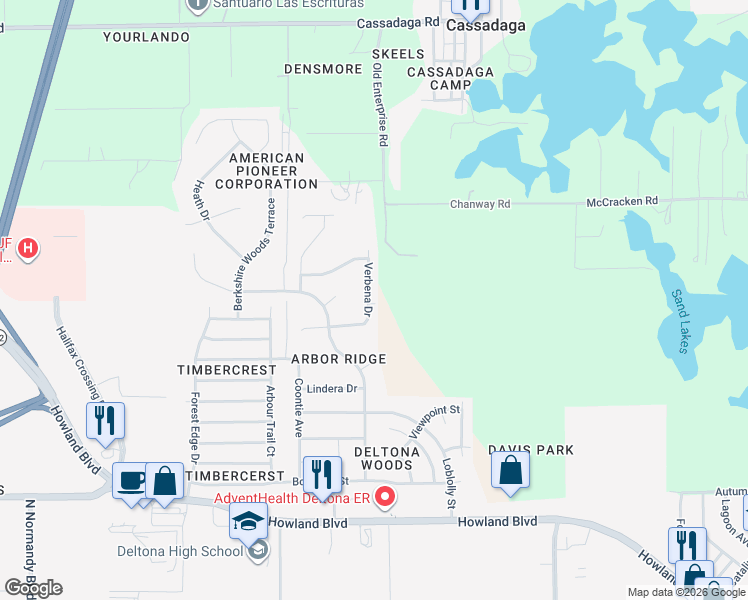 map of restaurants, bars, coffee shops, grocery stores, and more near 3097 Verbena Drive in Deltona