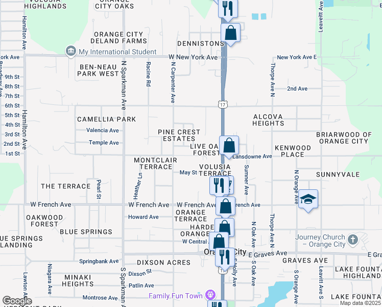 map of restaurants, bars, coffee shops, grocery stores, and more near 357 West Lansdowne Avenue in Orange City