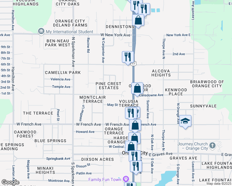 map of restaurants, bars, coffee shops, grocery stores, and more near 357 West Lansdowne Avenue in Orange City