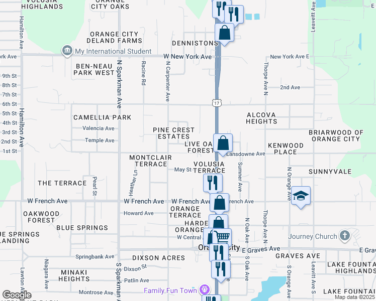 map of restaurants, bars, coffee shops, grocery stores, and more near 349 West Lansdowne Avenue in Orange City