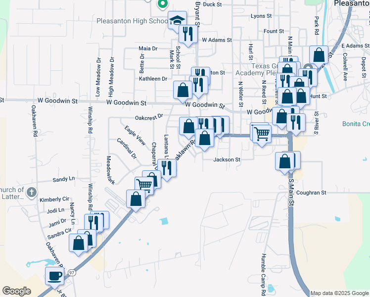 map of restaurants, bars, coffee shops, grocery stores, and more near 999 W Oaklawn Rd in Pleasanton
