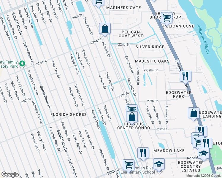 map of restaurants, bars, coffee shops, grocery stores, and more near 2518 India Palm Drive in Edgewater