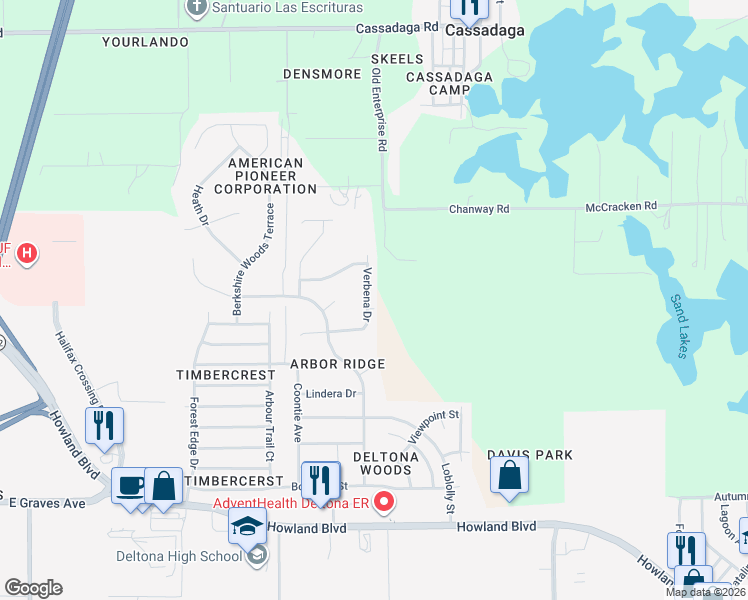 map of restaurants, bars, coffee shops, grocery stores, and more near 3091 Verbena Drive in Deltona