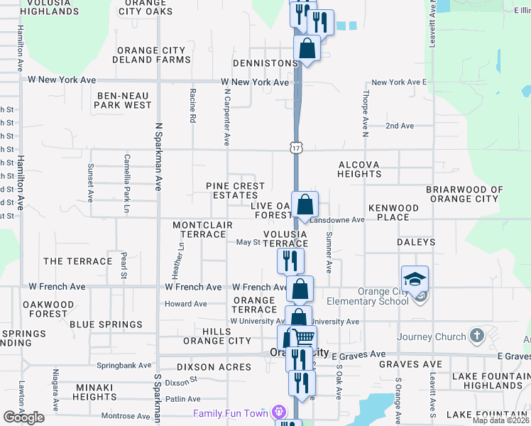 map of restaurants, bars, coffee shops, grocery stores, and more near 333 West Lansdowne Avenue in Orange City