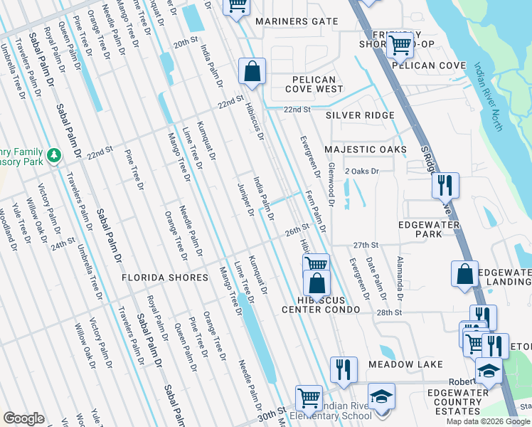 map of restaurants, bars, coffee shops, grocery stores, and more near 2518 India Palm Drive in Edgewater