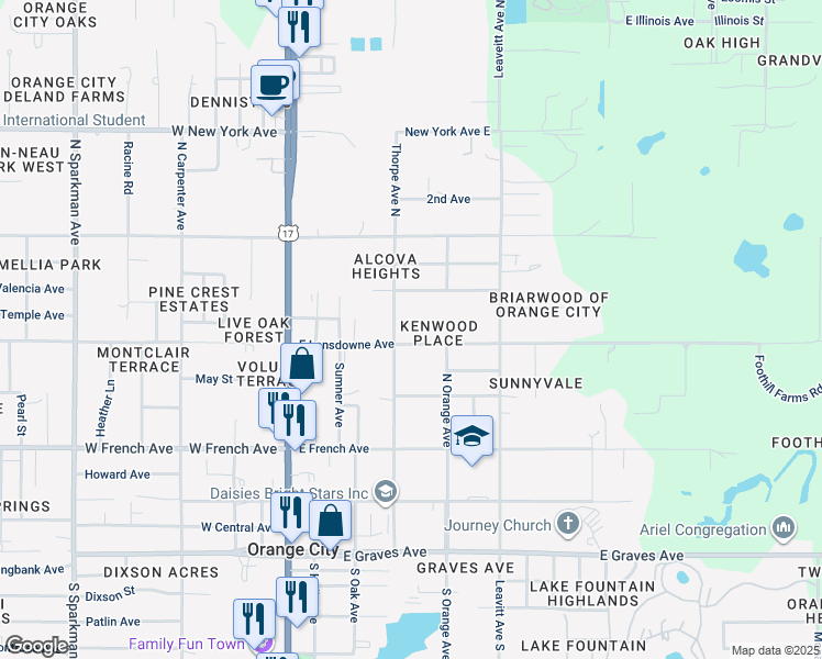 map of restaurants, bars, coffee shops, grocery stores, and more near 429 East Lansdowne Avenue in Orange City